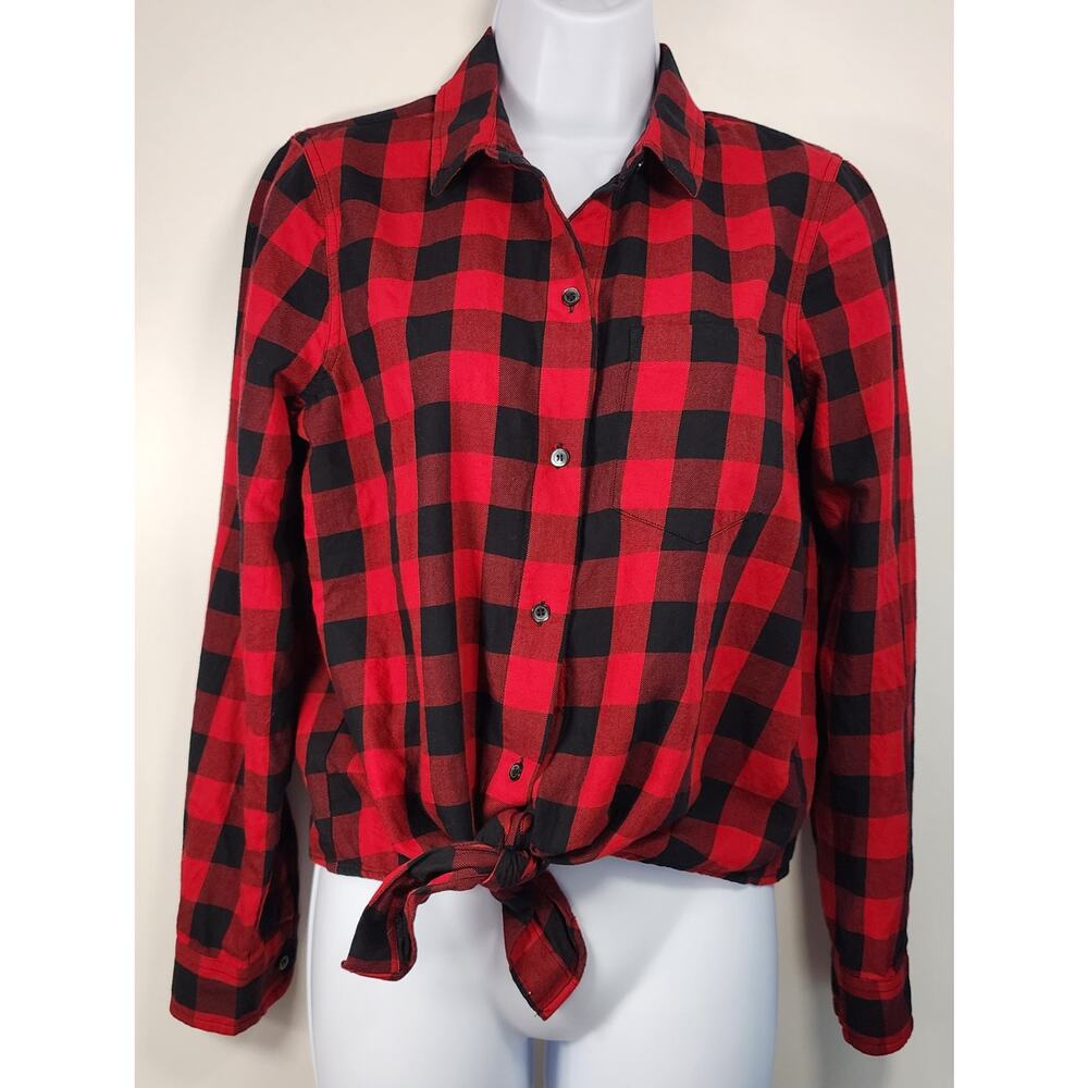 Madewell Red Black Buffalo Plaidβ Tie Front Button Shirt Women's Small